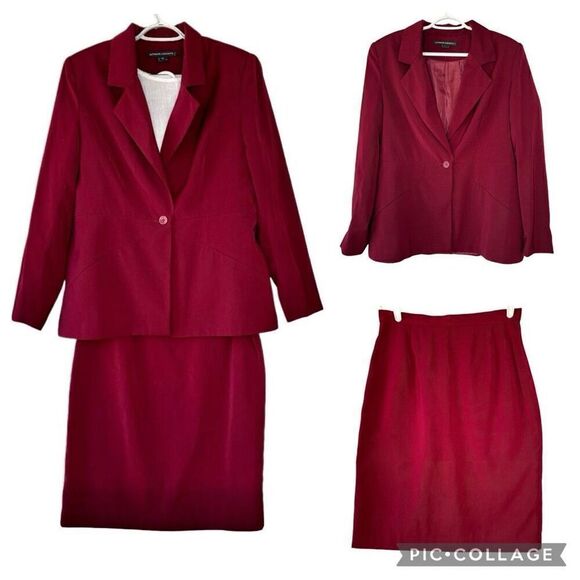 Maroon Red Wine One Button Pleater Blazer Pencil Skirt Suit Set Split Back Sz 12 - Picture 1 of 9